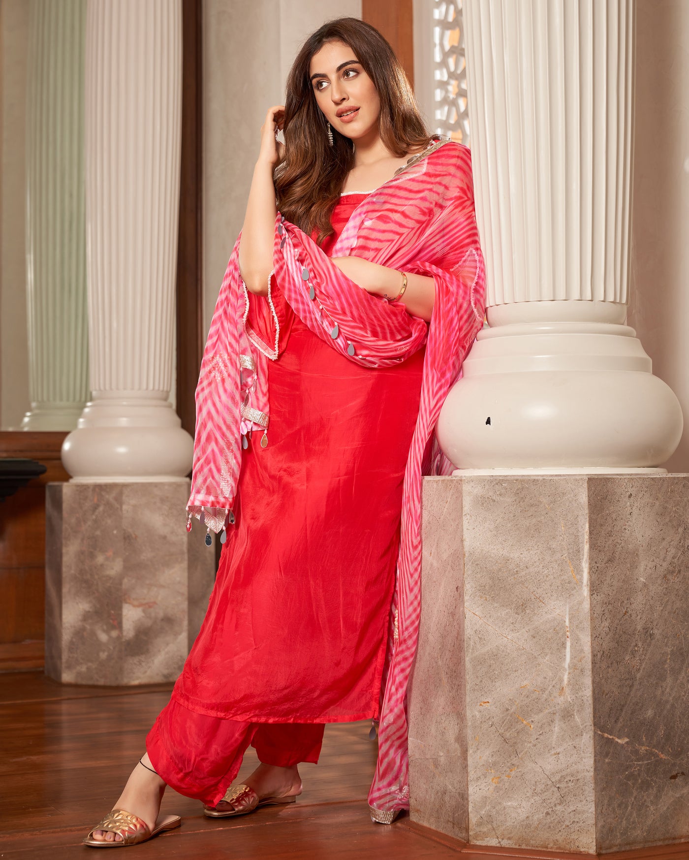 Krushi Pink Leheriya Silk Suit Set