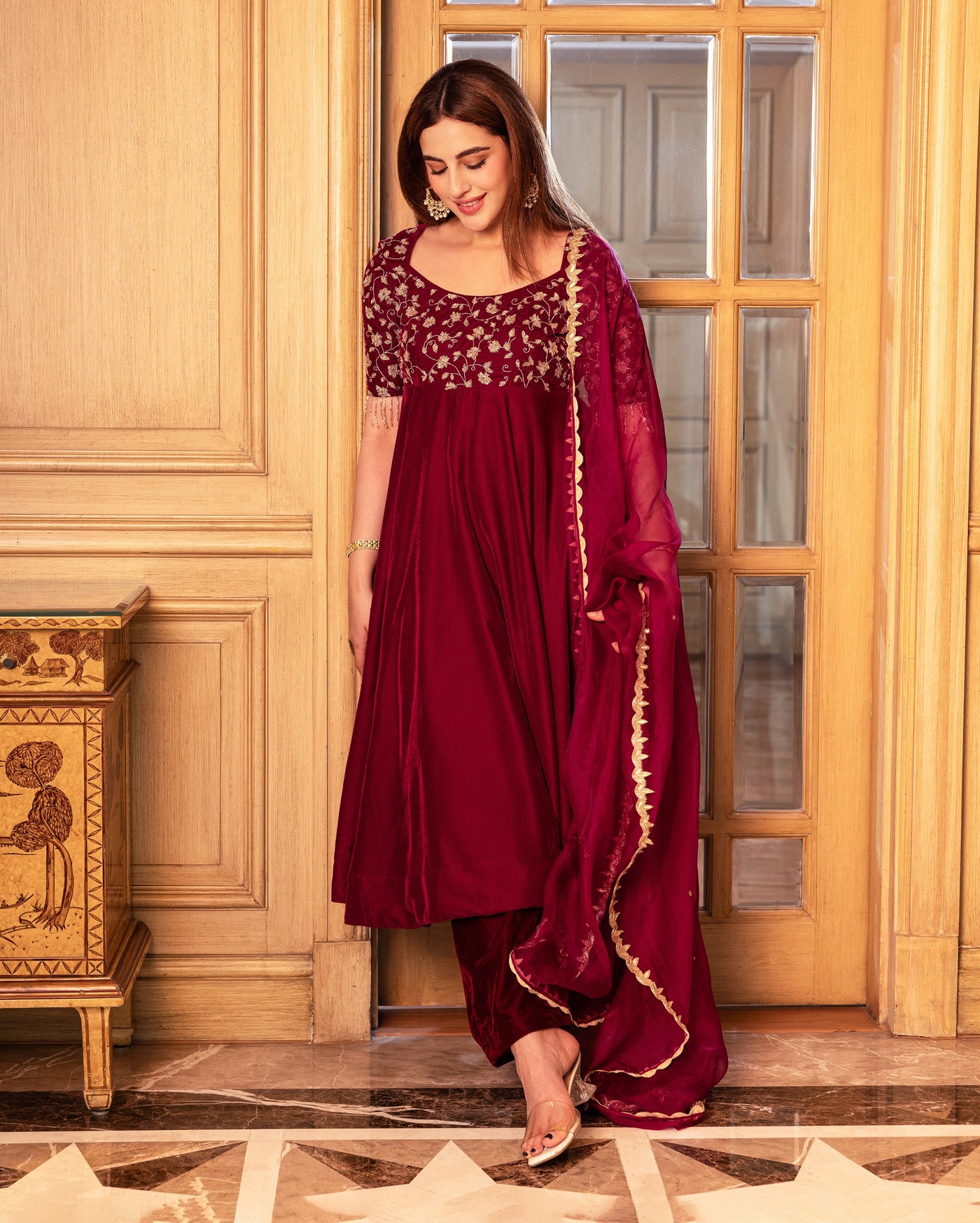 Nargi Wine Embroidered Velvet Suit Set