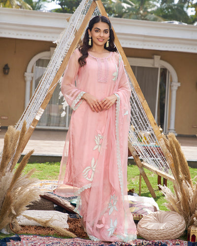 Disha Pink Applique Organza Kurta Set