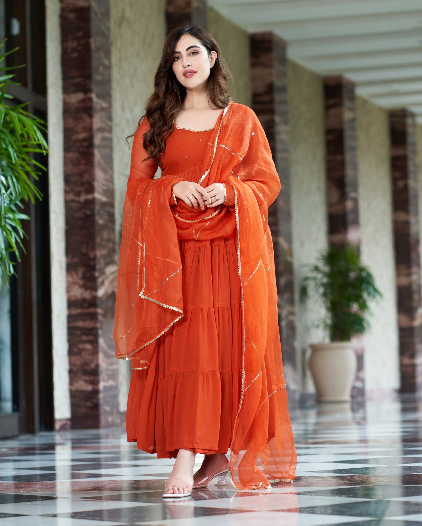 Rachna Orange Embroidered Georgette Suit Set