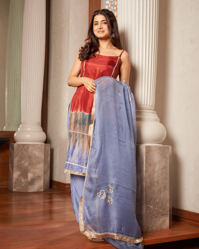 Kajari Marron Blue Tie-Dye Chanderi Suit Set