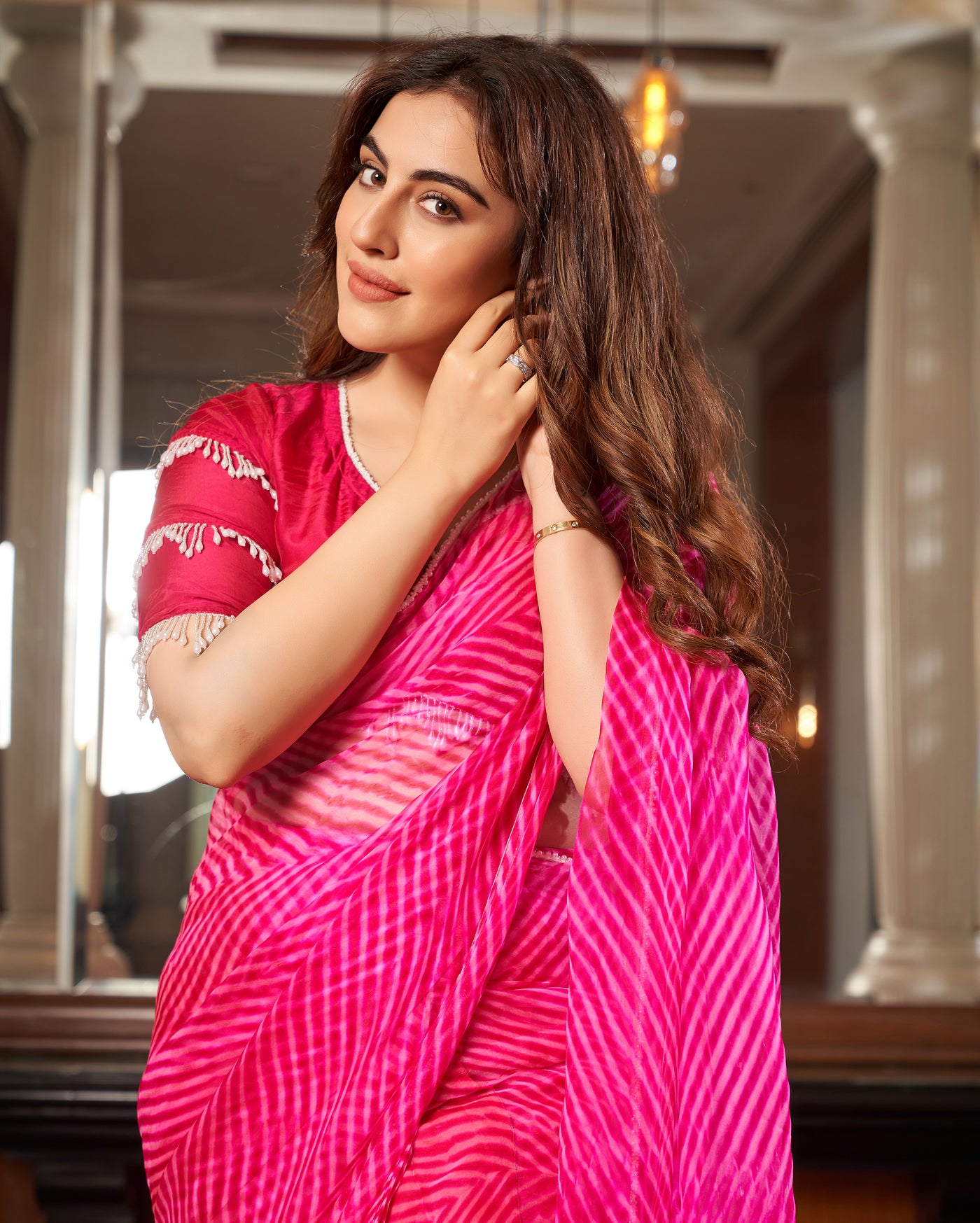 Sangam Pink Leheriya Organza Pre Draped Saree