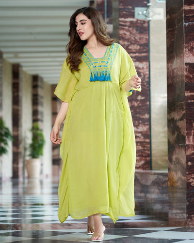 Meera Neon Green Embroidered Chinon Kaftan