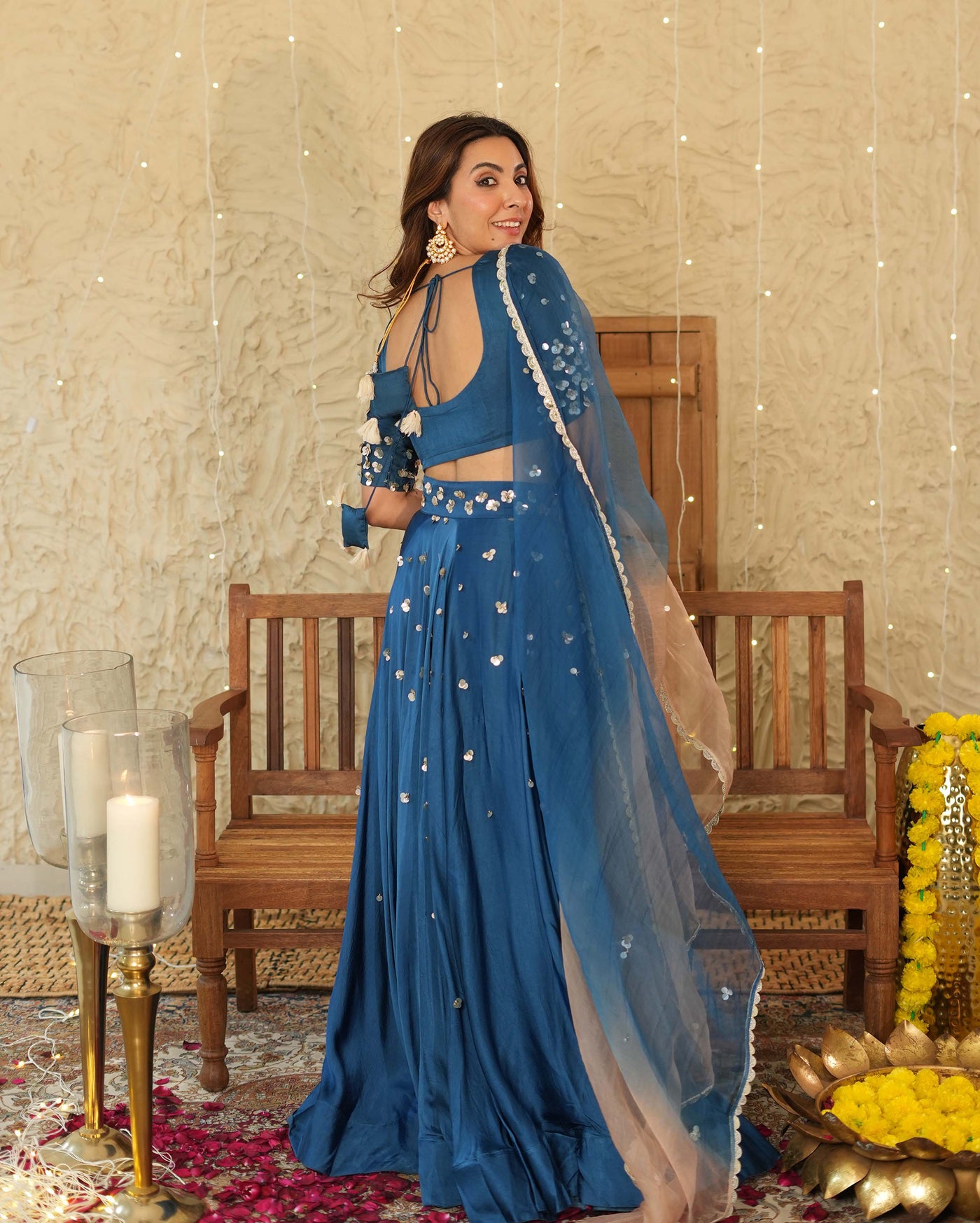 Phuljhadi Blue Handcrafted Satin Lehenga Set