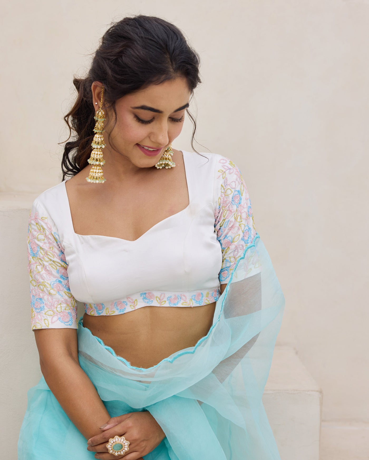 Meadow Whisper White Chanderi Embroidered Blouse