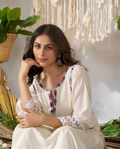 Anaya Off White Embroidered Cotton Kurta Set