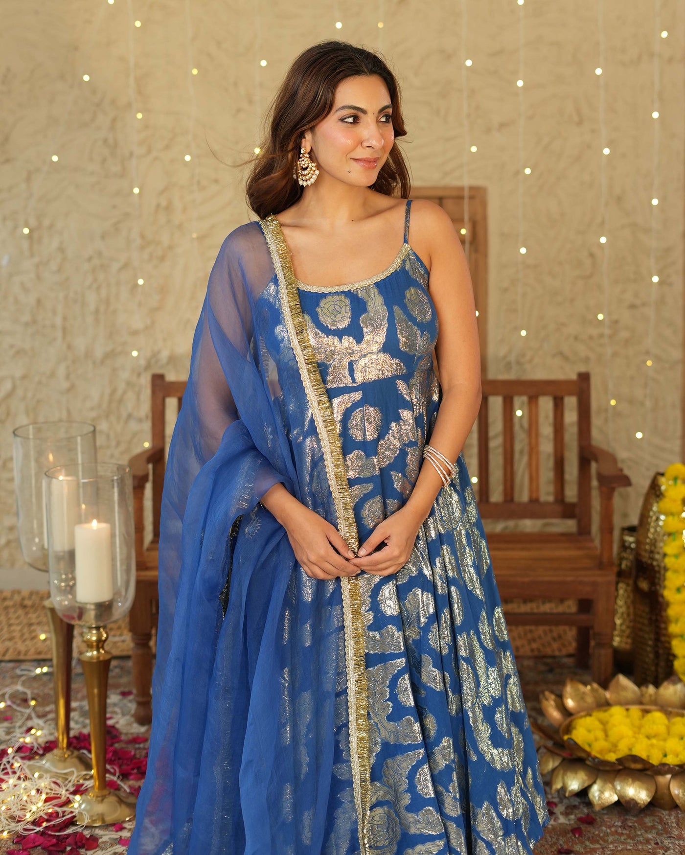 Vrinda Blue Jacquard Suit Set