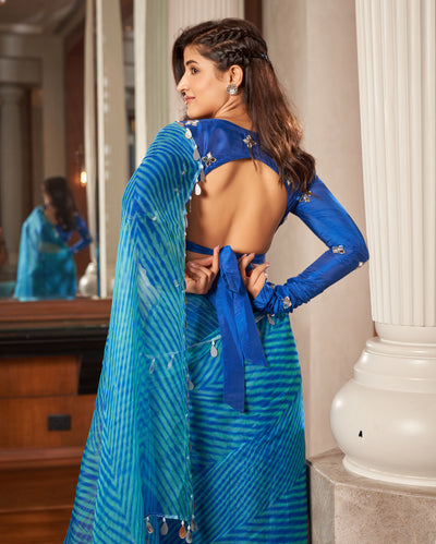 Neeru Blue Leheriya Organza Pre Draped Saree