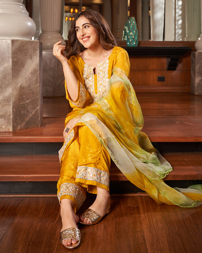 Seedit Yellow Solid Silk Suit Set