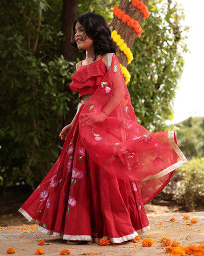 Tinsel Red Handpainted Chanderi Lehenga Set