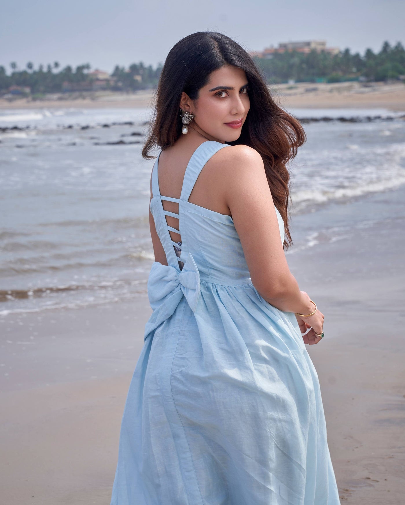 Nimbus Sky Blue Solid Linen Georgette Dress