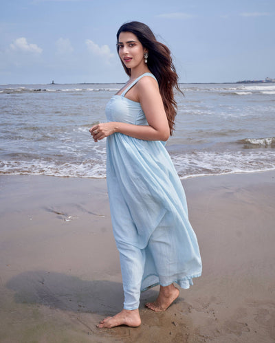 Nimbus Sky Blue Solid Linen Georgette Dress