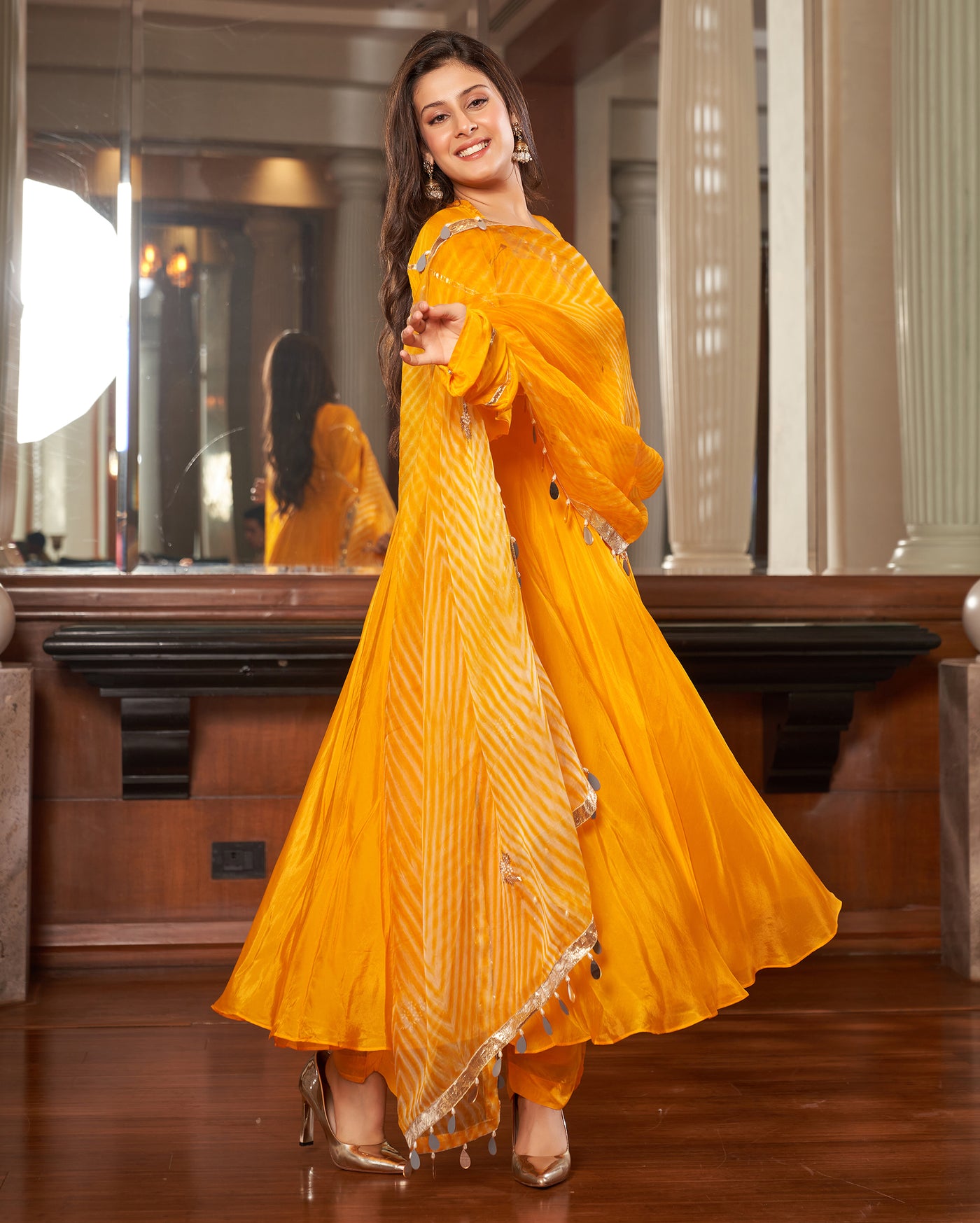 Avittam Mustard Yellow Leheriya Silk Suit Set