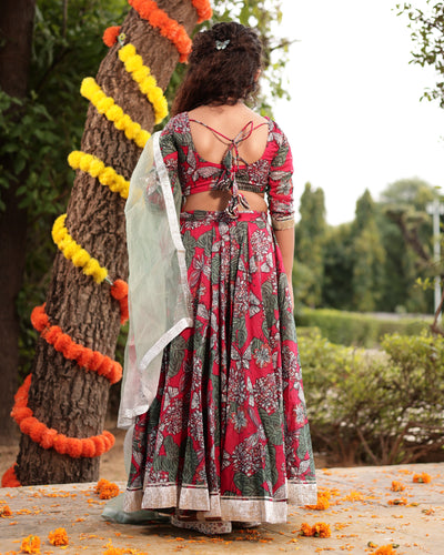 Frolic Red Printed Chanderi Lehenga Set