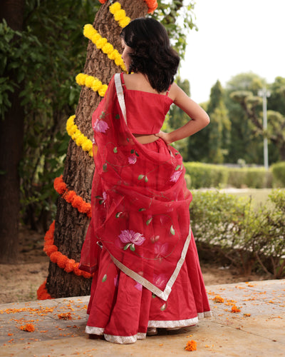 Tinsel Red Handpainted Chanderi Lehenga Set