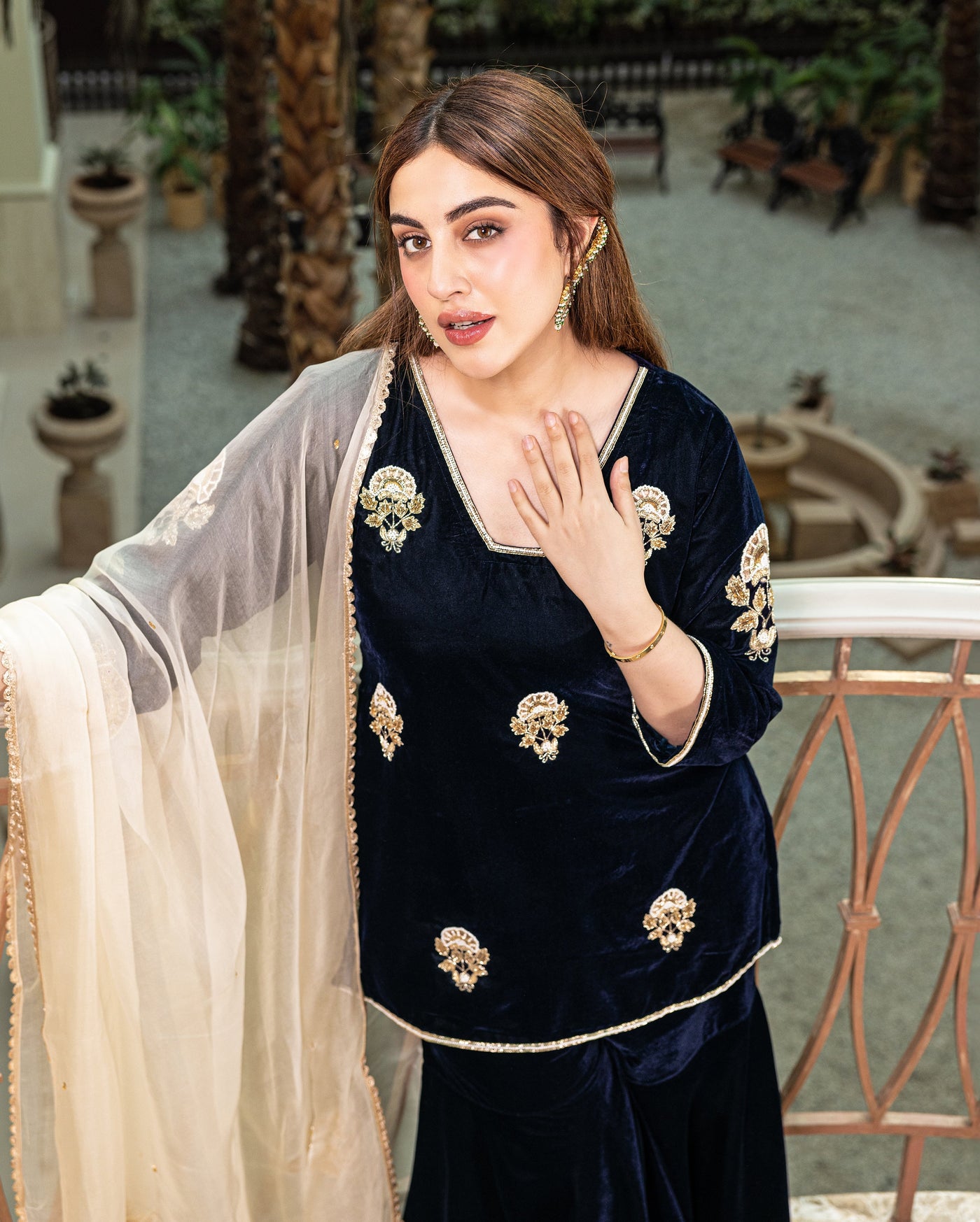 Nihayat Navy Embroidered Velvet Sharara Set