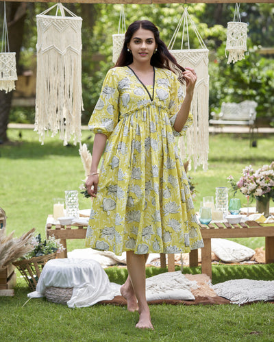 Zenith Yellow Printed Cotton Dress