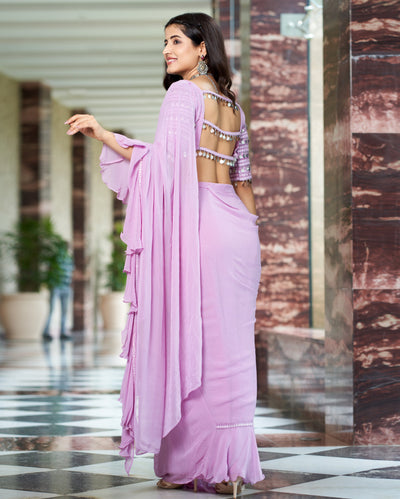 Anvita Lavender Solid Georgette Pre Draped Saree