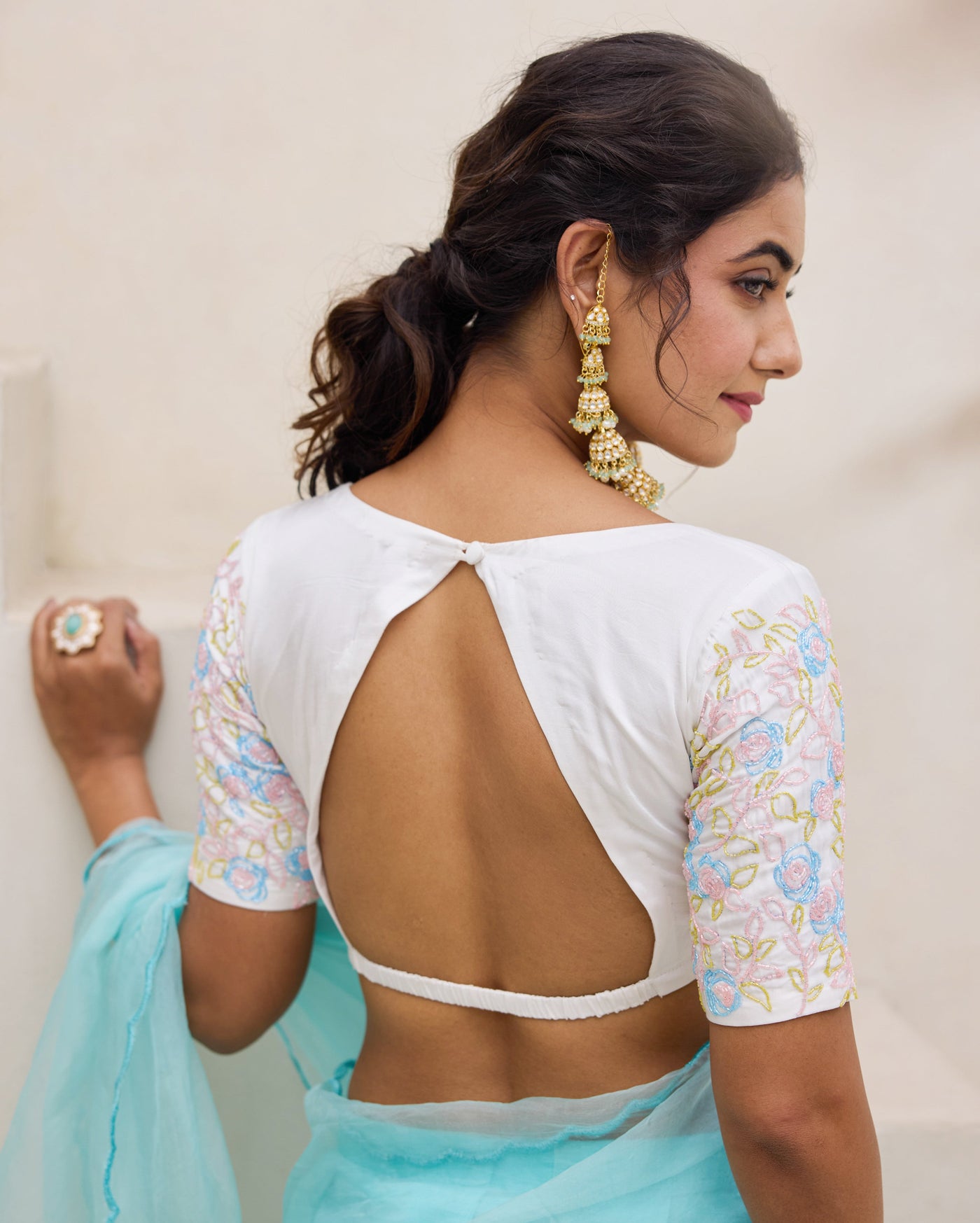 Meadow Whisper White Chanderi Embroidered Blouse