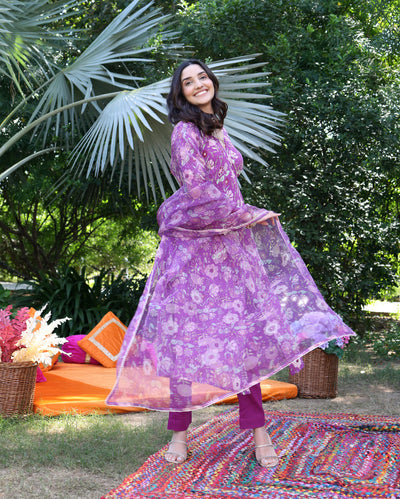 Iris Bloom Purple Printed Georgette Suit Set