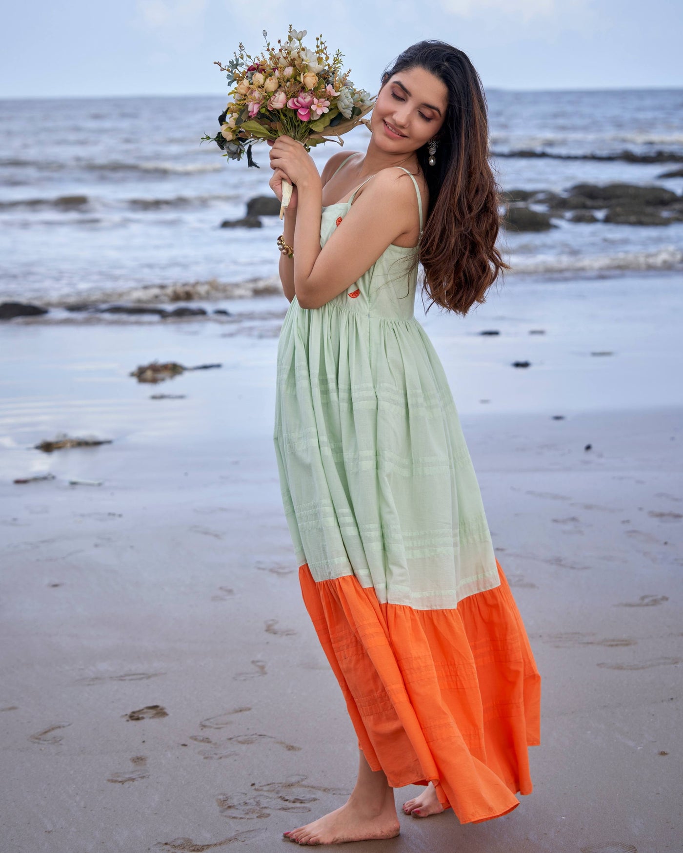 Tangerine Green Orange Colour Blocking Embroidered Cotton Dress