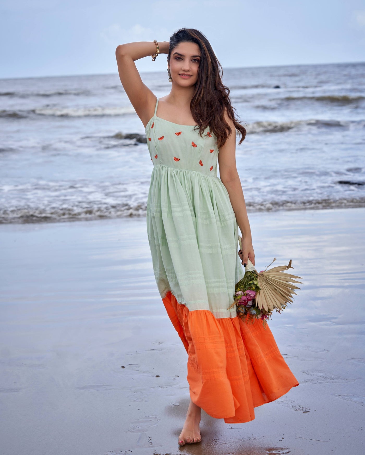 Tangerine Green Orange Colour Blocking Embroidered Cotton Dress