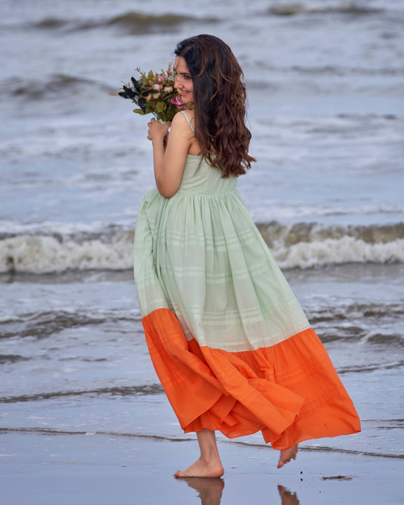 Tangerine Green Orange Colour Blocking Embroidered Cotton Dress