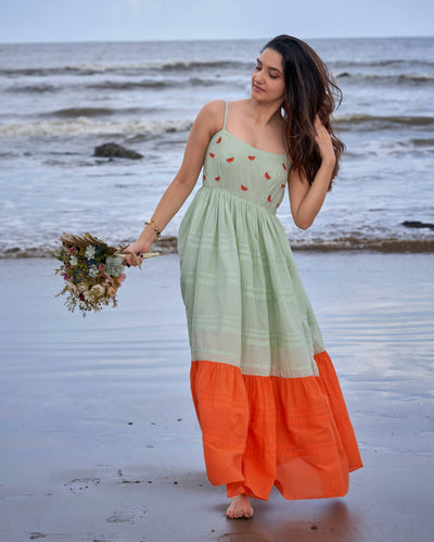 Tangerine Green Orange Colour Blocking Embroidered Cotton Dress