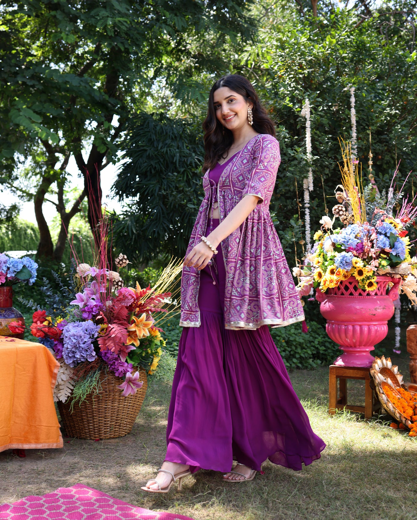 Geometric Purple Elegance Printed Satin Sharara Set