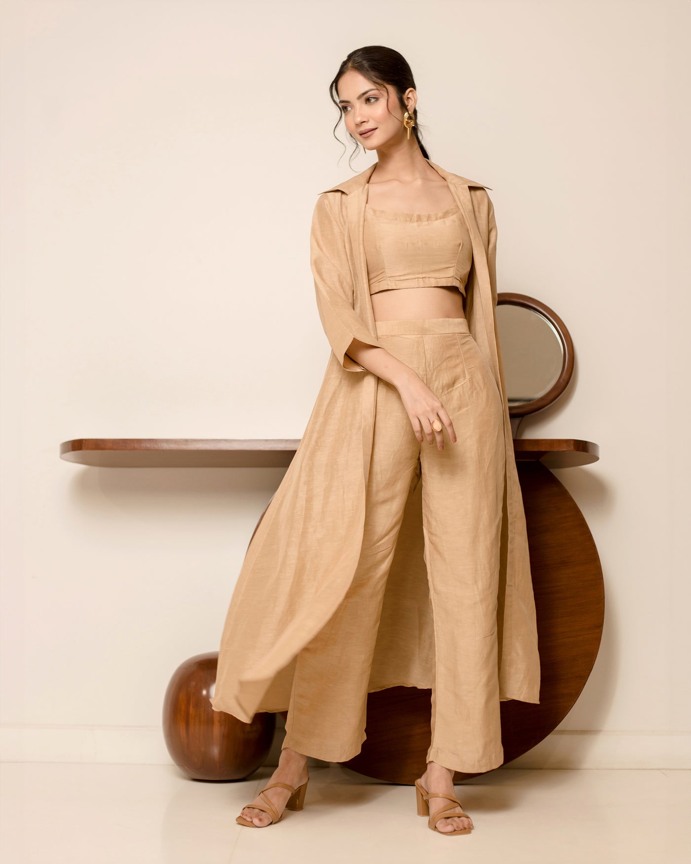 Mocca Beige Solid Linen Georgette Coord Set