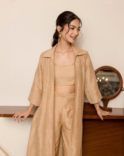 Mocca Beige Solid Linen Georgette Coord Set