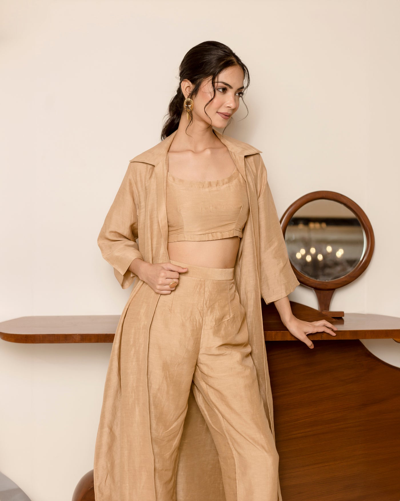 Mocca Beige Solid Linen Georgette Coord Set