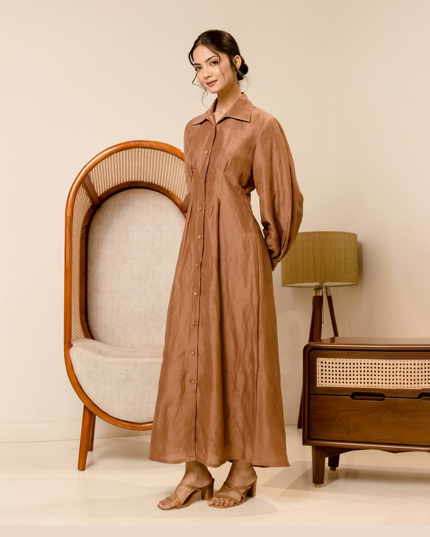 Supreme Brown Solid Linen Georgette Shirt Dress