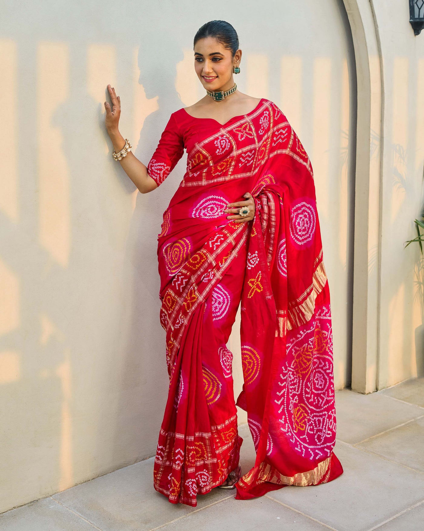 Moonlit Harmony Red Silk Bandhani Saree