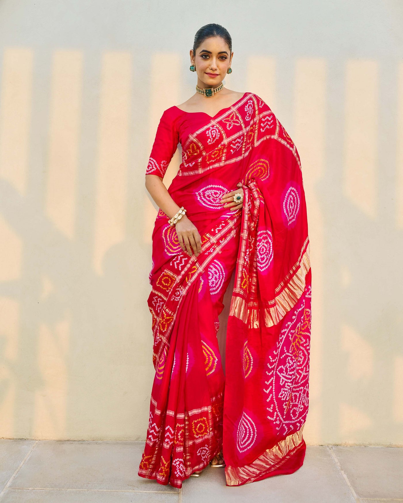 Moonlit Harmony Red Silk Bandhani Saree