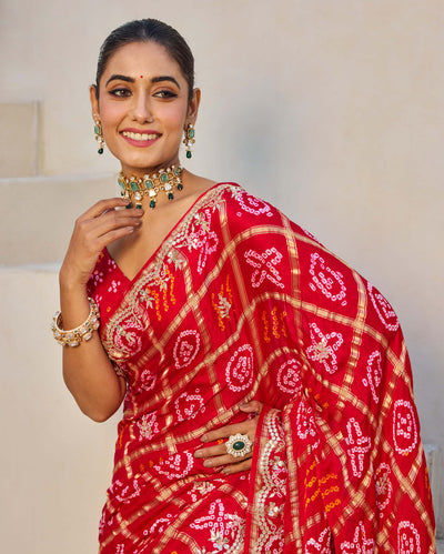 Dazzling Red Silk Bandhani Saree