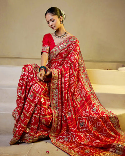 Divine Red Silk Bandhani Saree