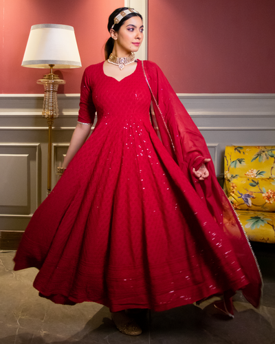 New Trend Designer Red Color Karwa Chauth Dress.