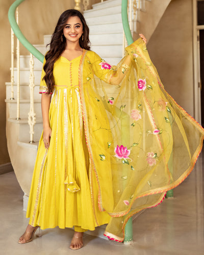 Buy LABEL MAE Ruhaaniyat Solid Yellow Anarkali Kurta with Dupatta (Set of  2) online