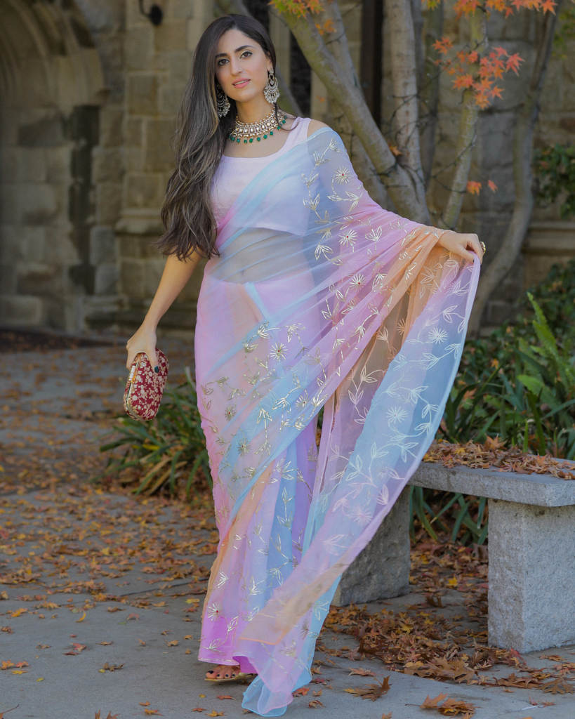 Buy Dark Blue Glitter Printed Festive Plus Size Insta Saree Dress Online -  W for Woman